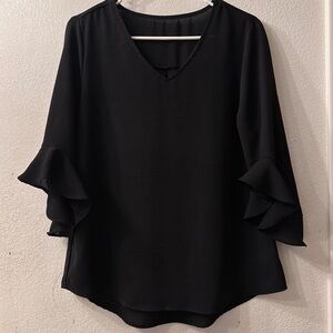Elegant Black V Neck Women's Blouse with Ruffle Sleeves
